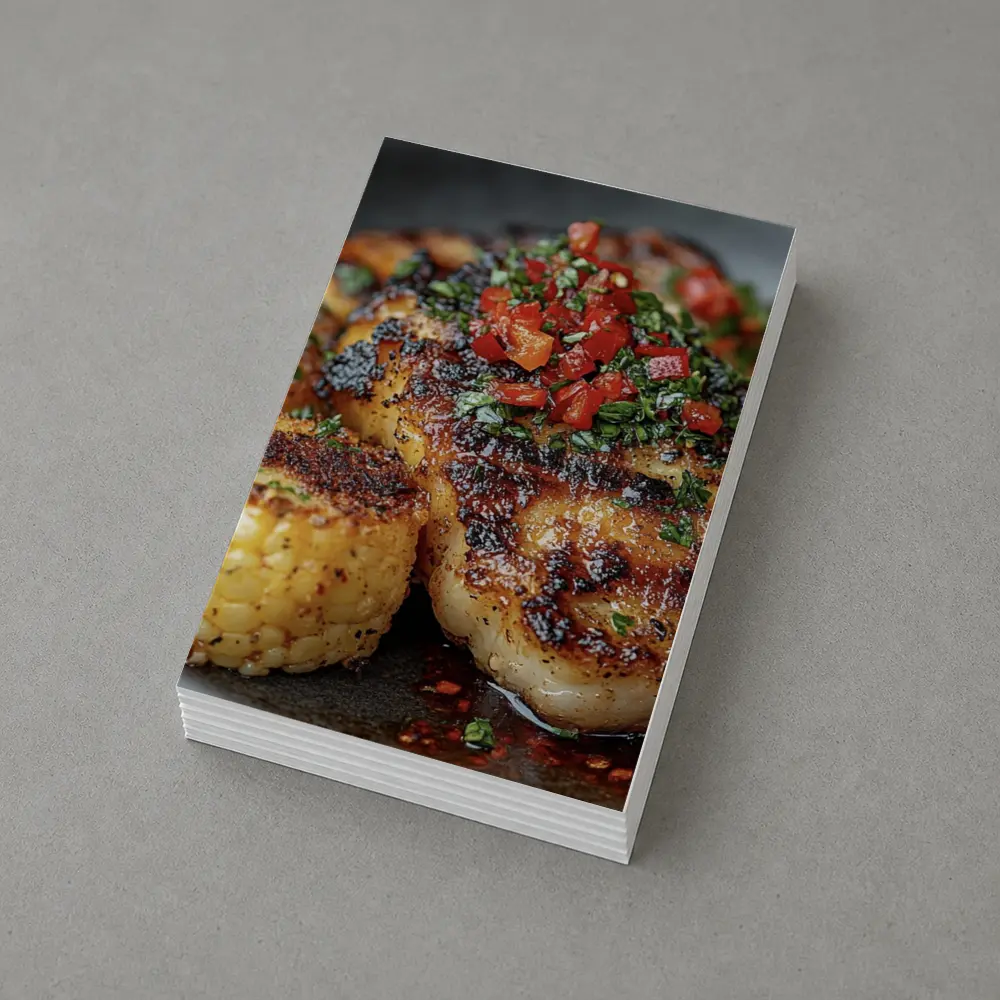 Seared Scallops Charred Corn Salsa Dark Plate – Postcards