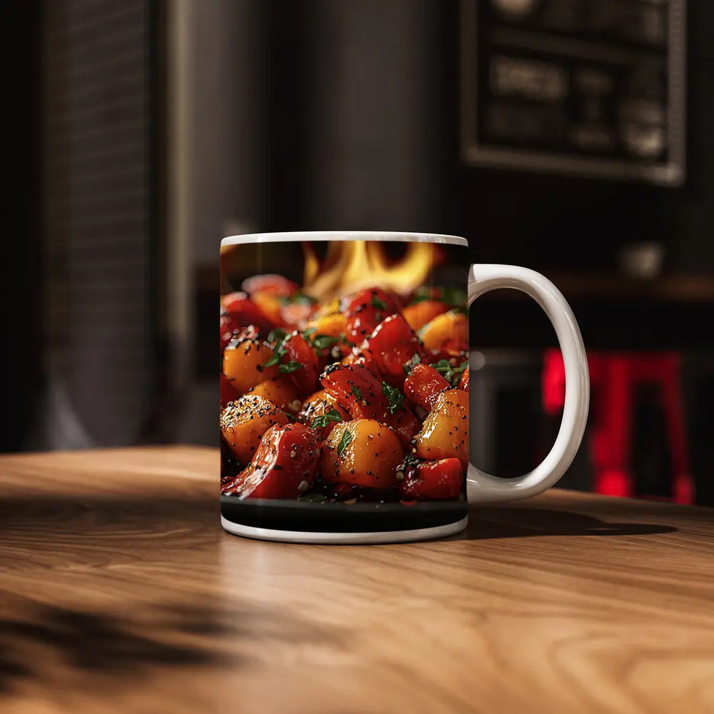 Spicy Glazed Vegetables Sizzling Over Open Flame – Mugs