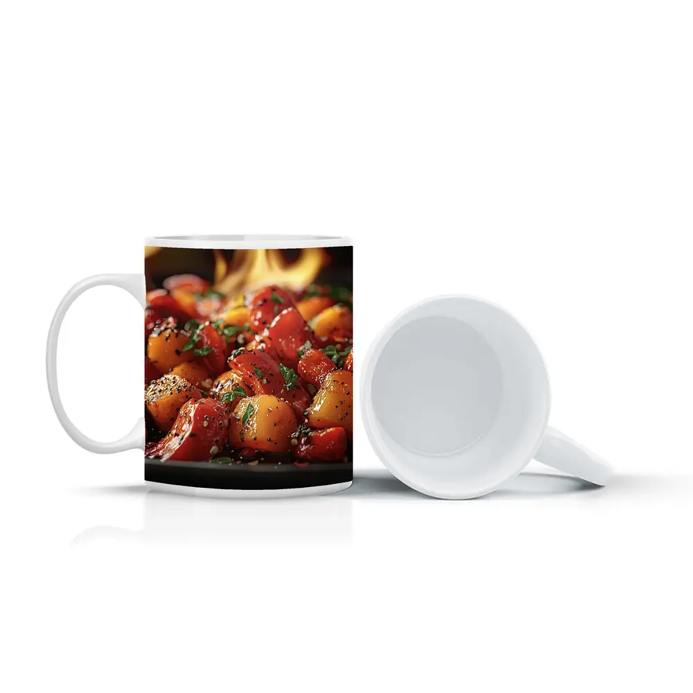 Spicy Glazed Vegetables Sizzling Over Open Flame – Mugs