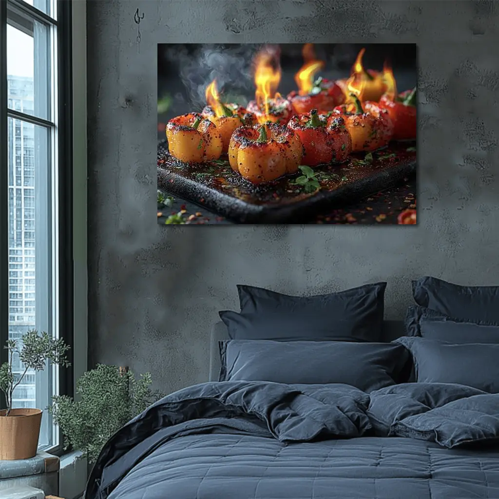 Flaming Stuffed Mini Peppers On Dark Tray – Wall Art
