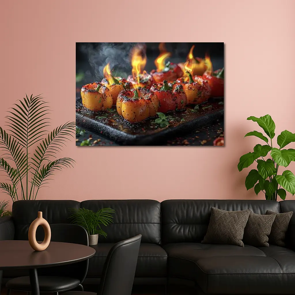 Flaming Stuffed Mini Peppers On Dark Tray – Wall Art