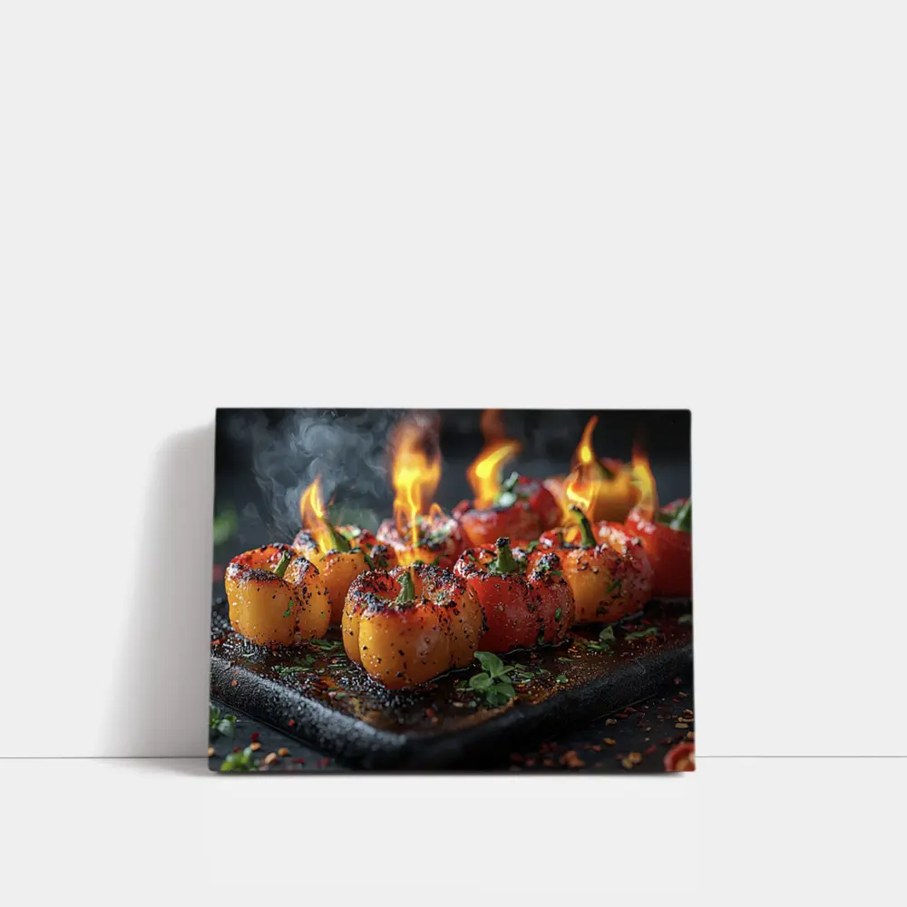 Flaming Stuffed Mini Peppers On Dark Tray – Wall Art
