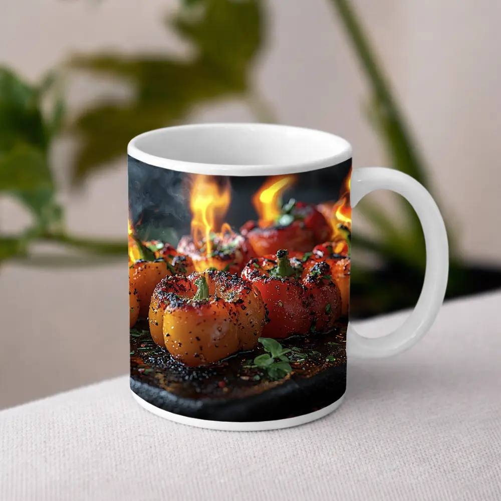 Flaming Stuffed Mini Peppers On Dark Tray – Mugs