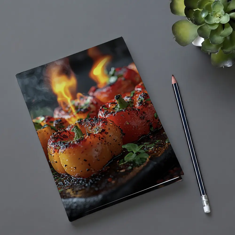 Flaming Stuffed Mini Peppers On Dark Tray – Notebooks
