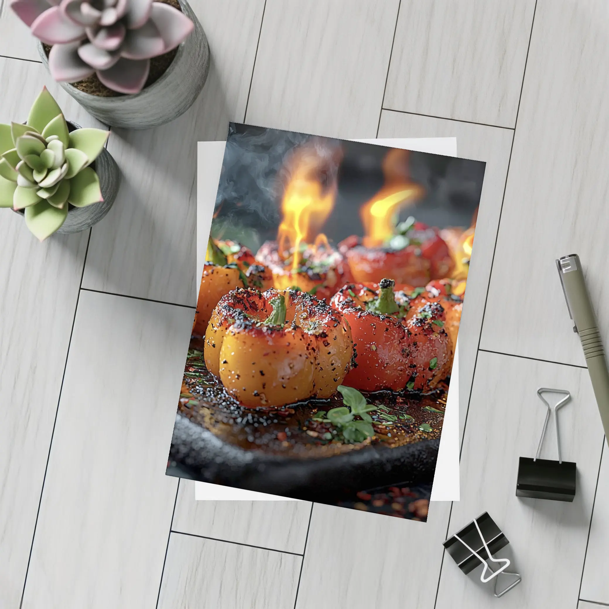 Flaming Stuffed Mini Peppers On Dark Tray – Postcards