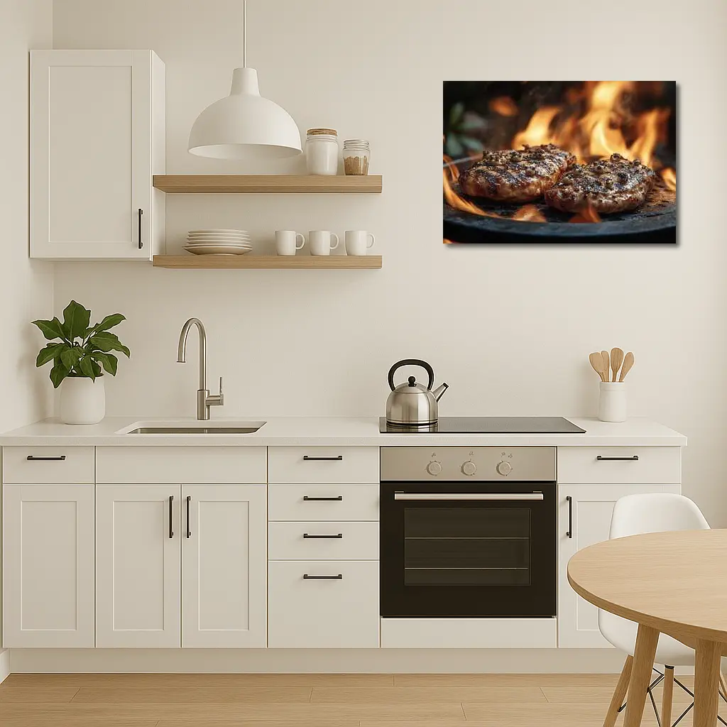 Grilled Burger Patties Over Open Flame – Wall Art
