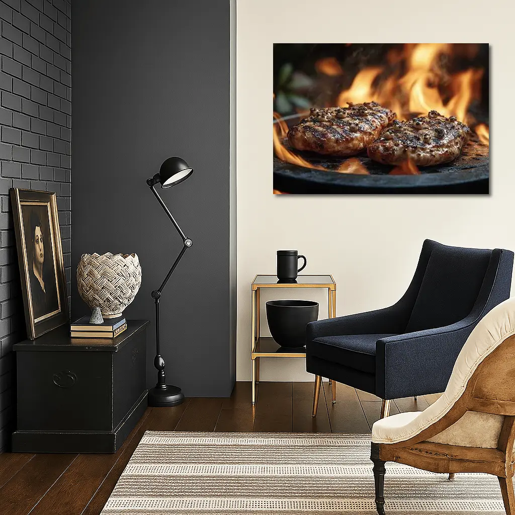 Grilled Burger Patties Over Open Flame – Wall Art