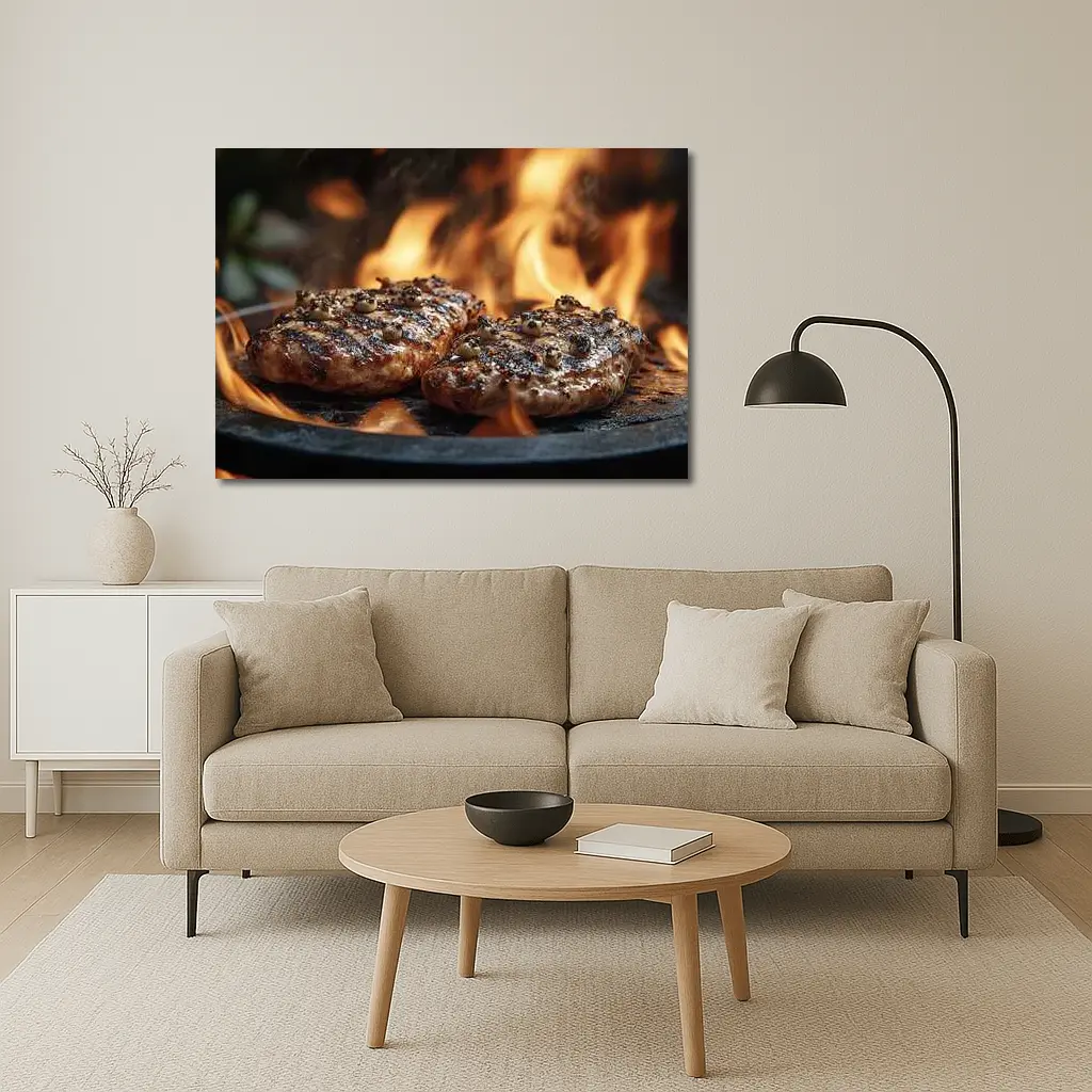 Grilled Burger Patties Over Open Flame – Wall Art