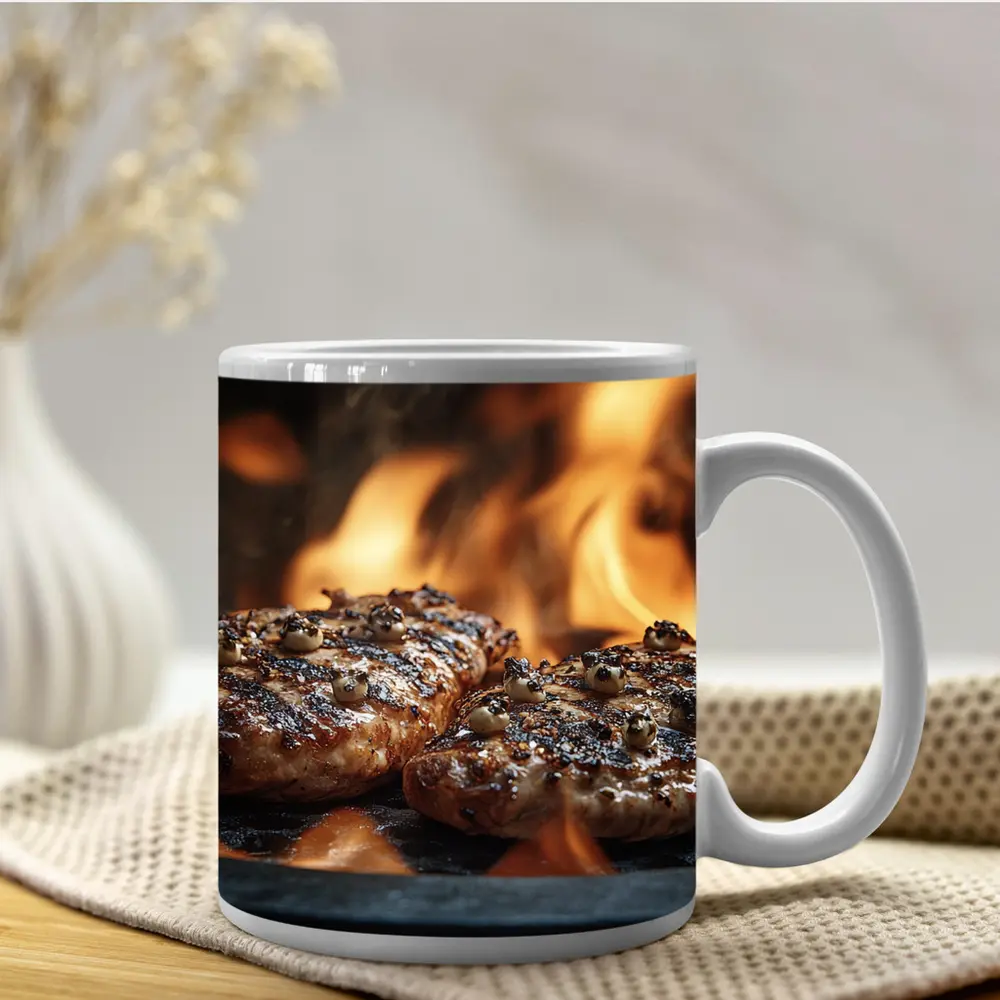 Grilled Burger Patties Over Open Flame – Mugs