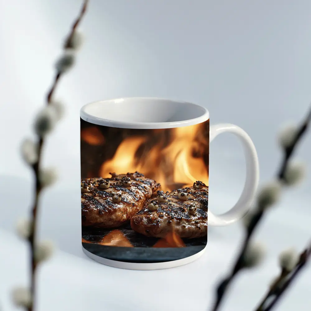 Grilled Burger Patties Over Open Flame – Mugs