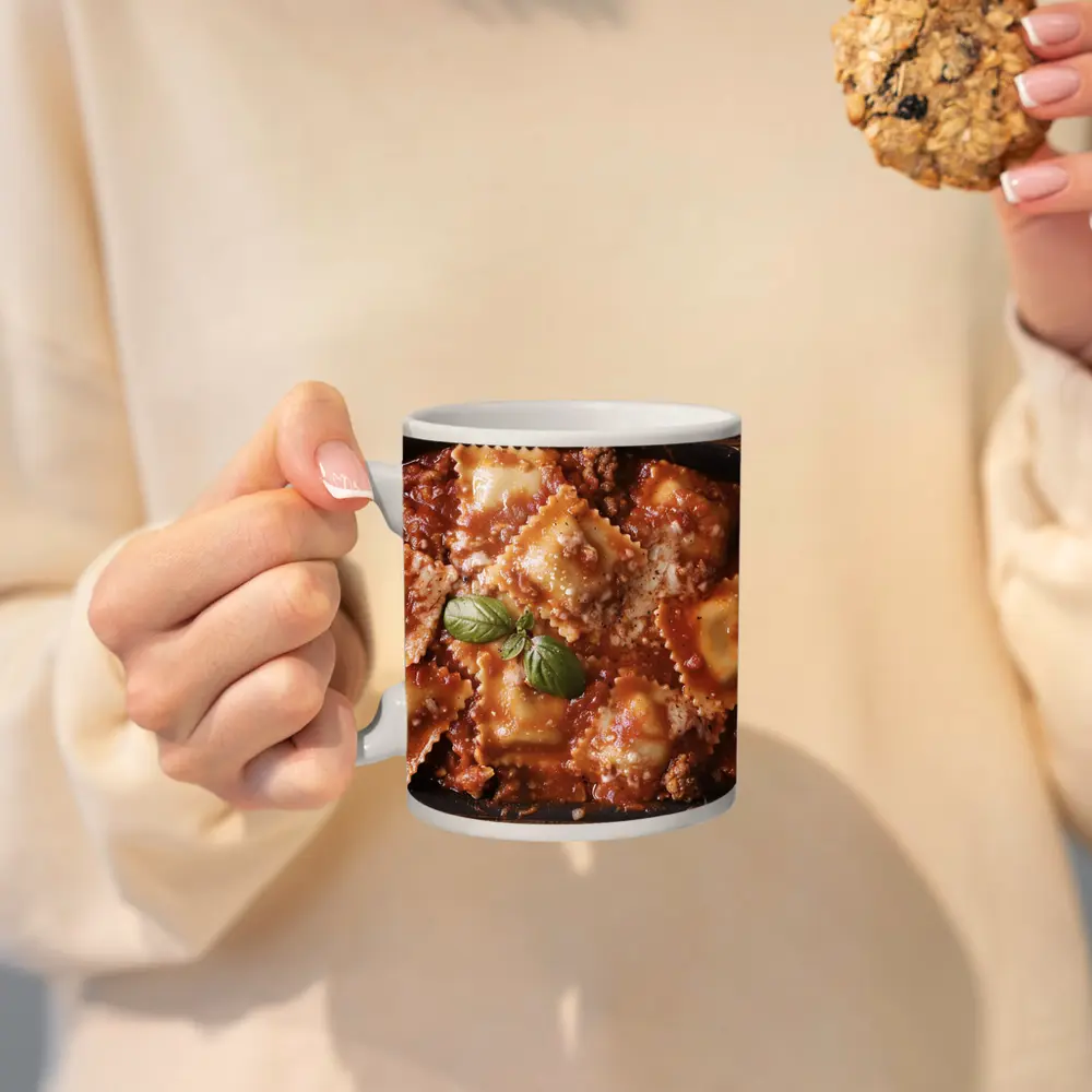 Ravioli Bolognese Baked Pasta Dish Wooden Table – Mugs