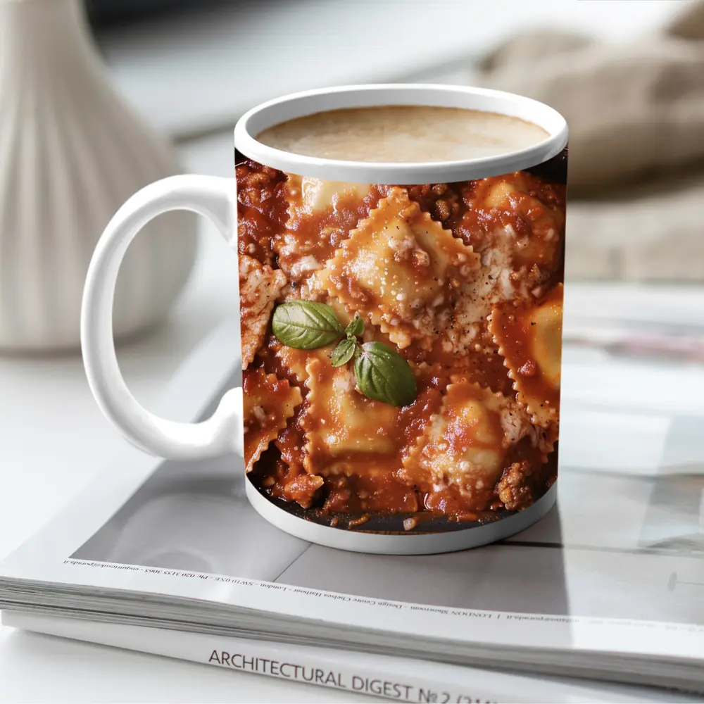 Ravioli Bolognese Baked Pasta Dish Wooden Table – Mugs