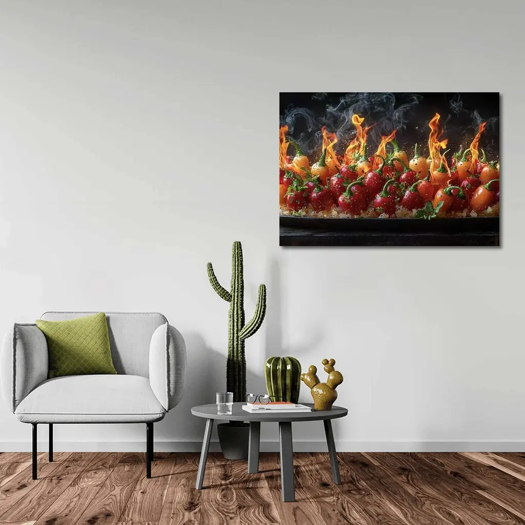 Flaming Red Peppers On Dark Background – Wall Art