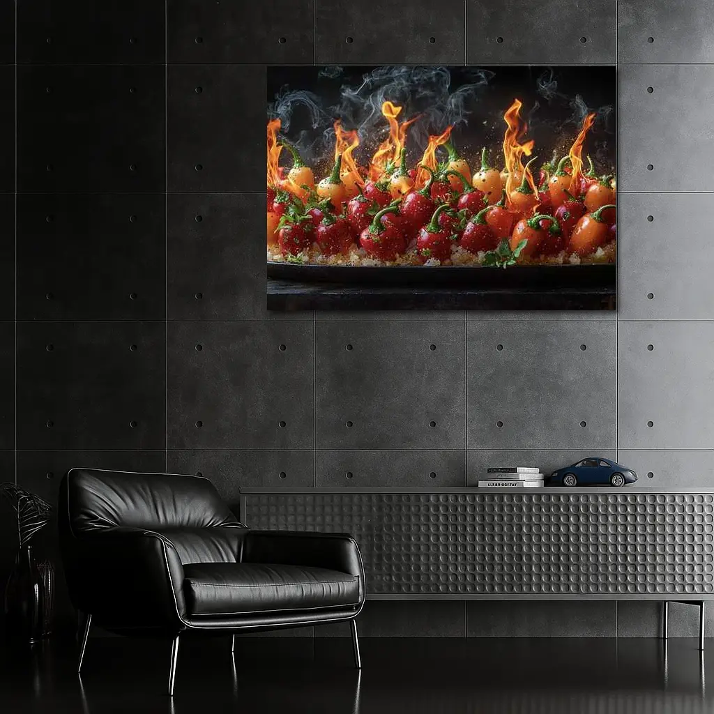 Flaming Red Peppers On Dark Background – Wall Art