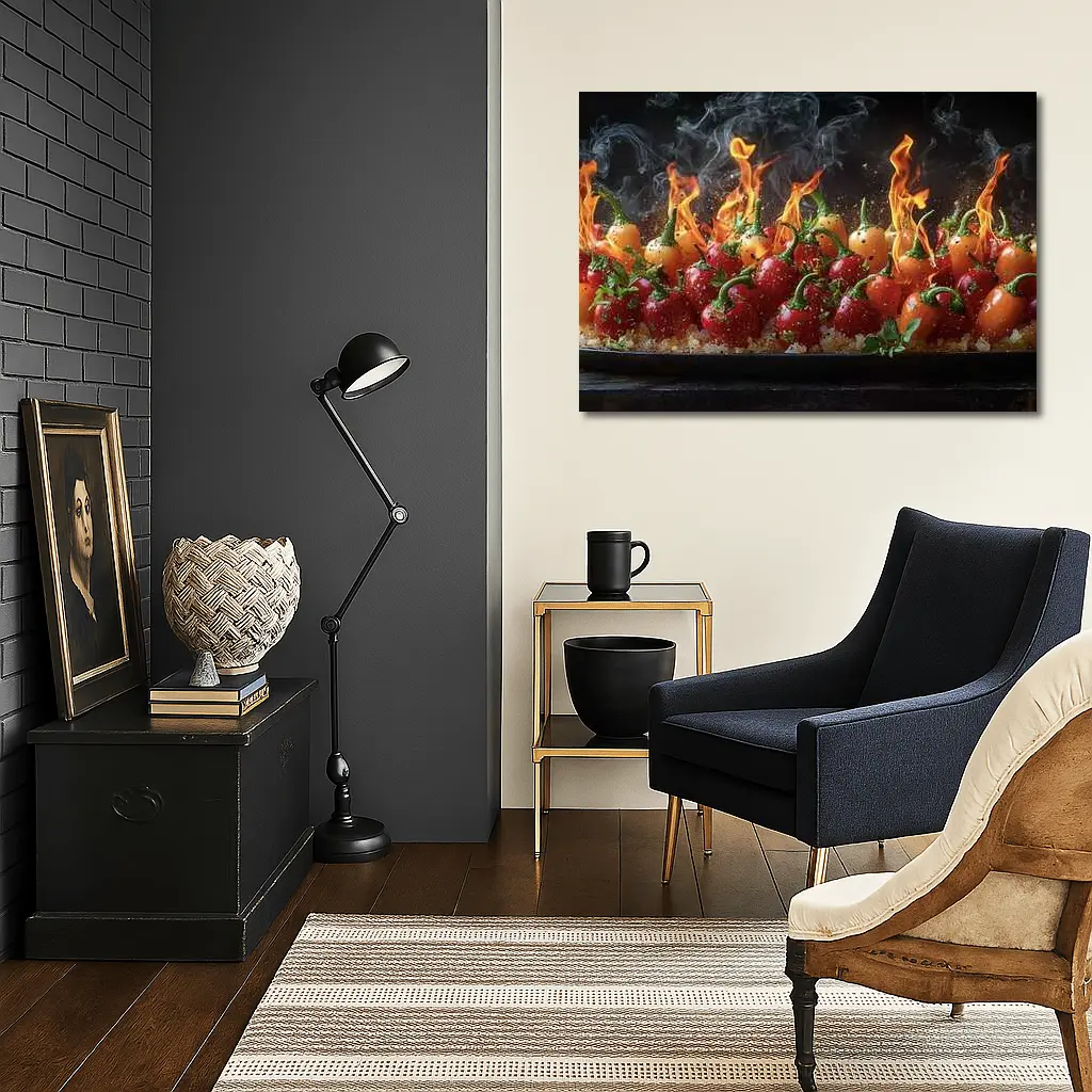 Flaming Red Peppers On Dark Background – Wall Art