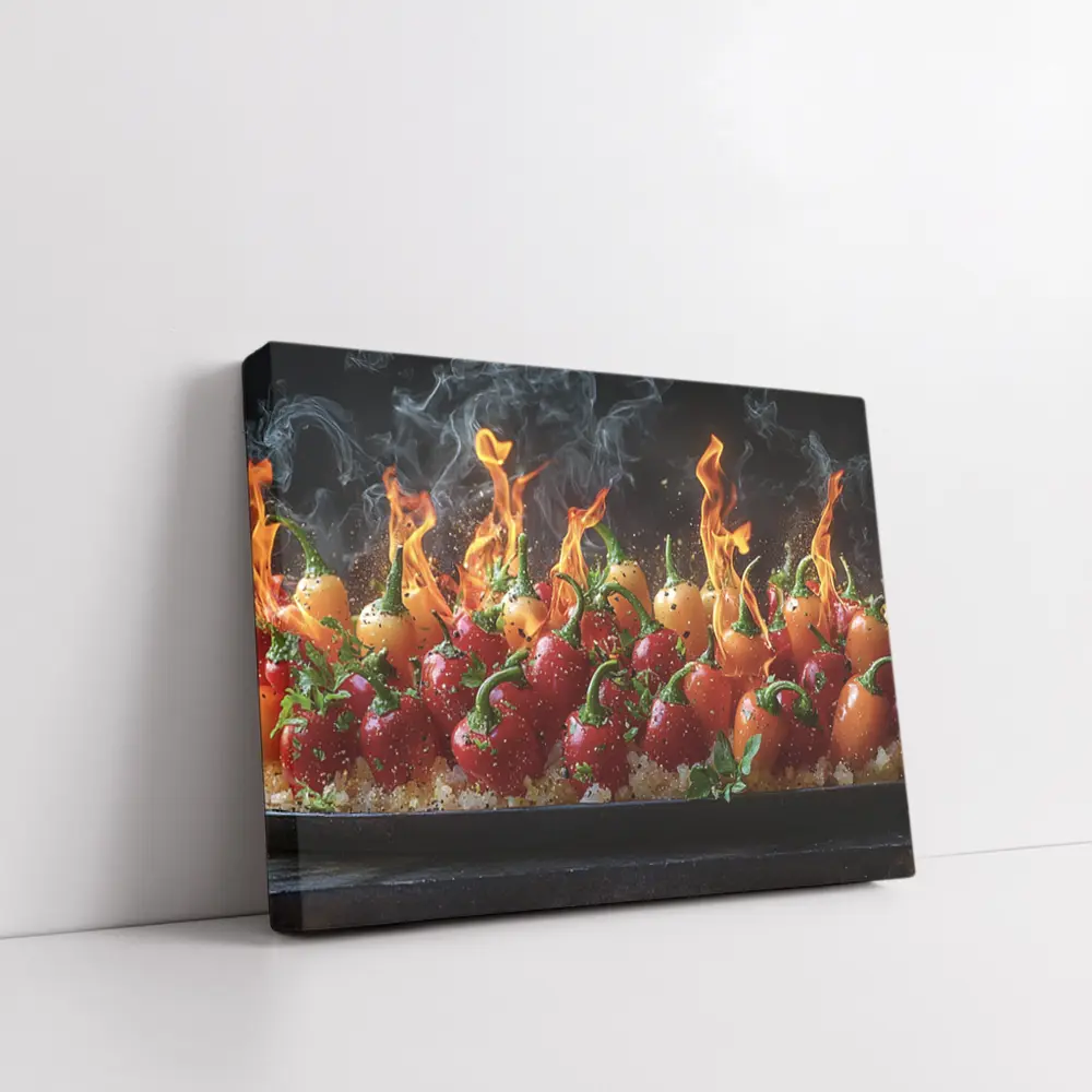 Flaming Red Peppers On Dark Background – Wall Art