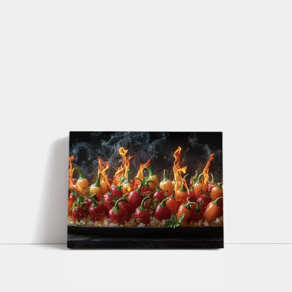 Flaming Red Peppers On Dark Background – Wall Art