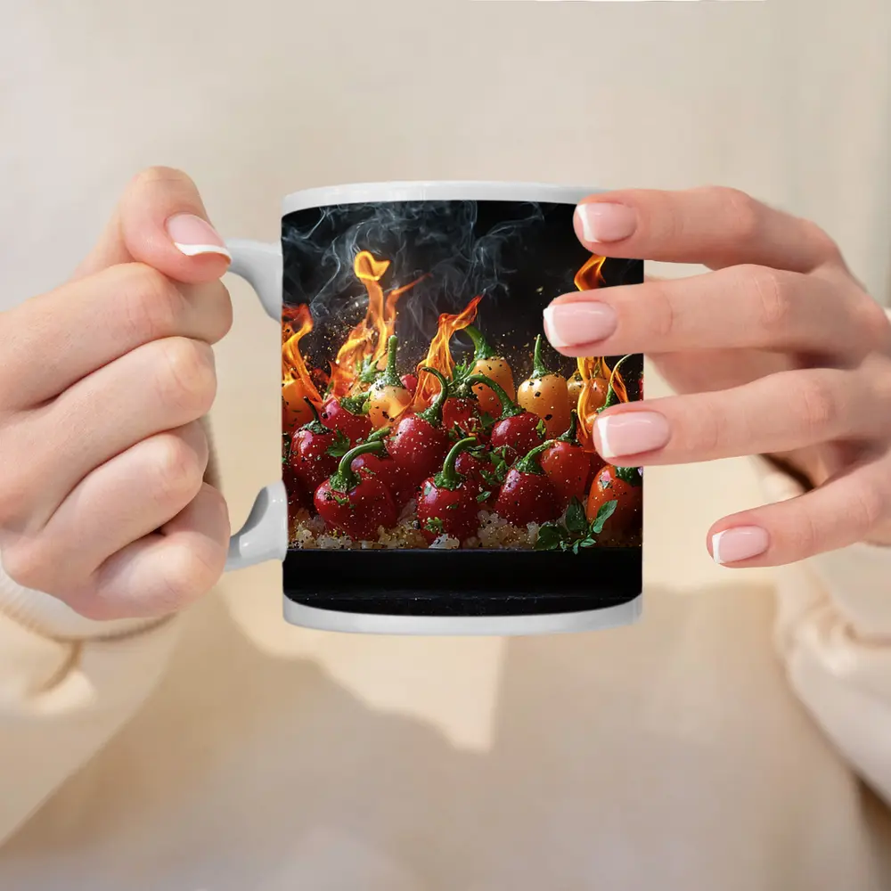 Flaming Red Peppers On Dark Background – Mugs