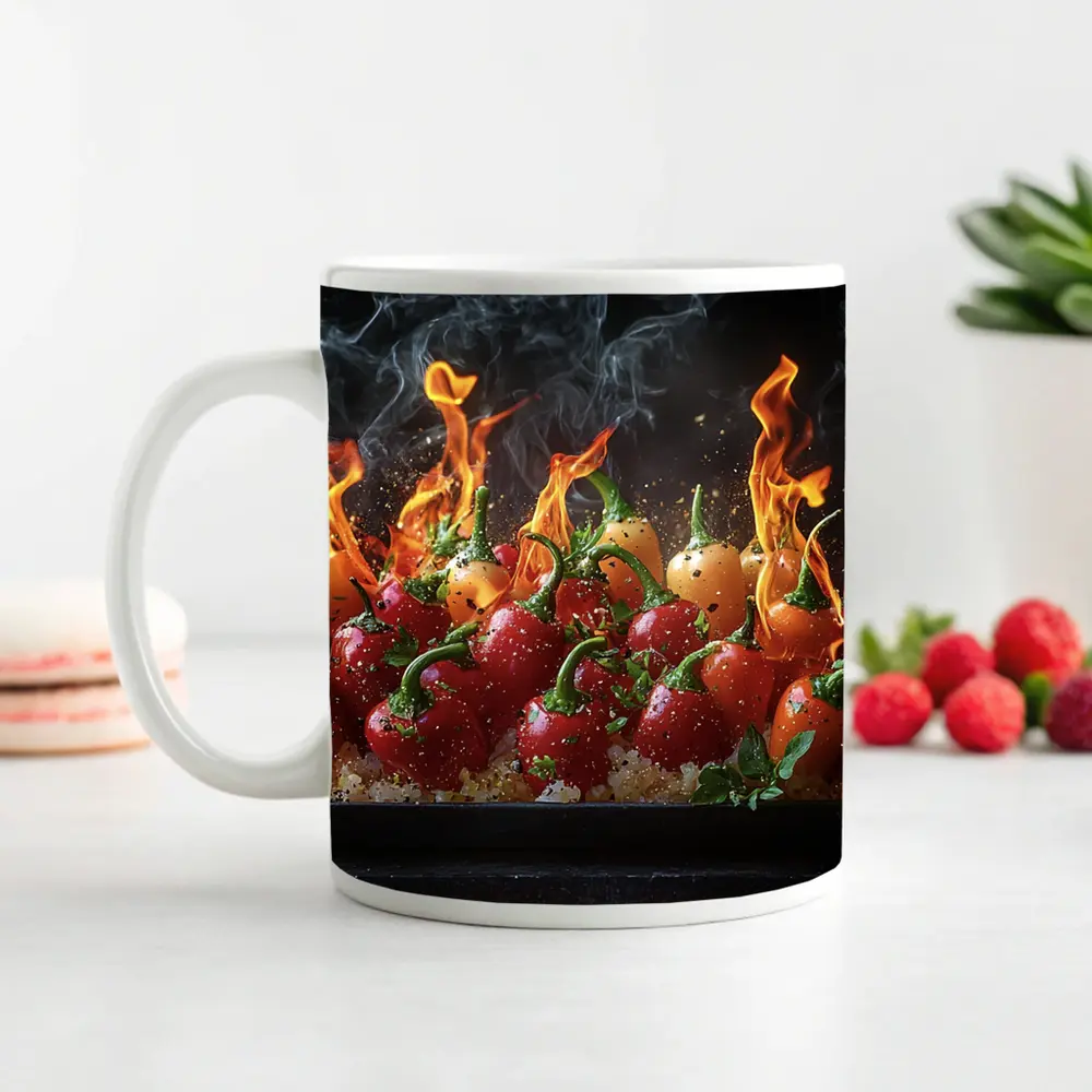 Flaming Red Peppers On Dark Background – Mugs