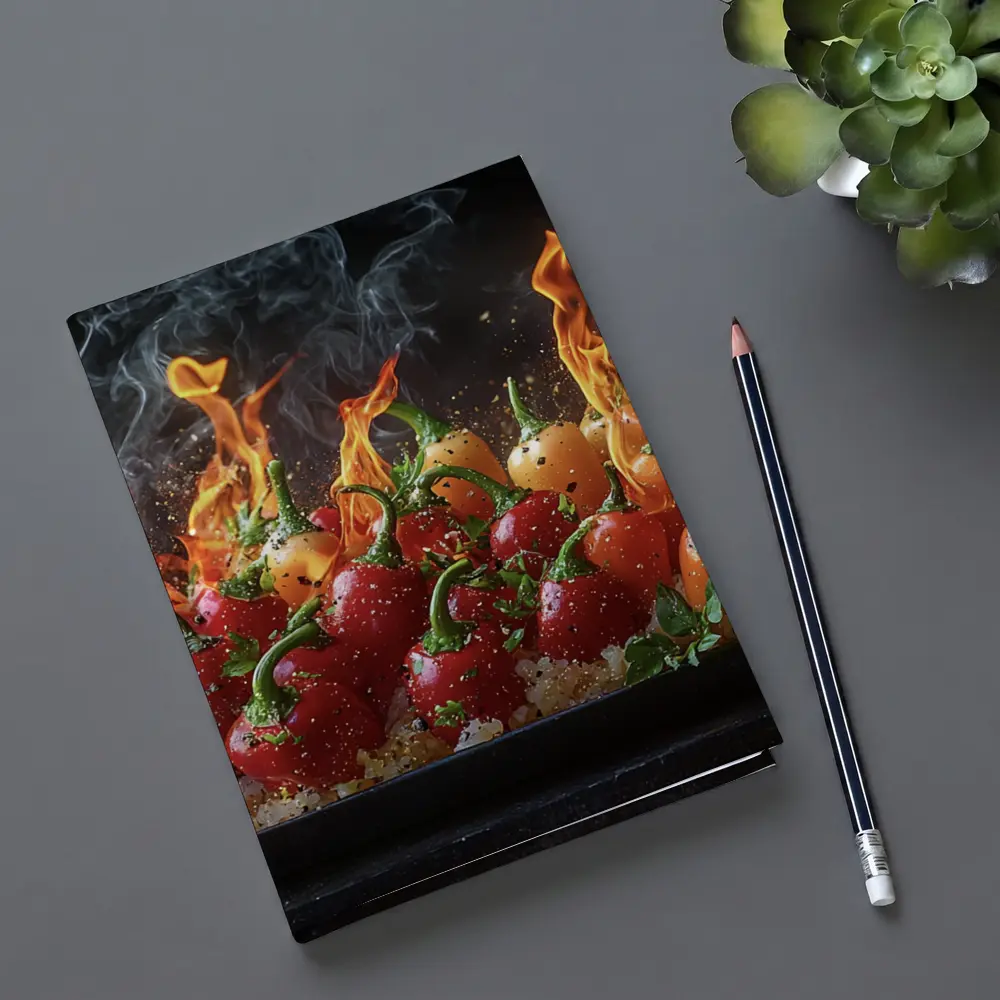 Flaming Red Peppers On Dark Background – Notebooks