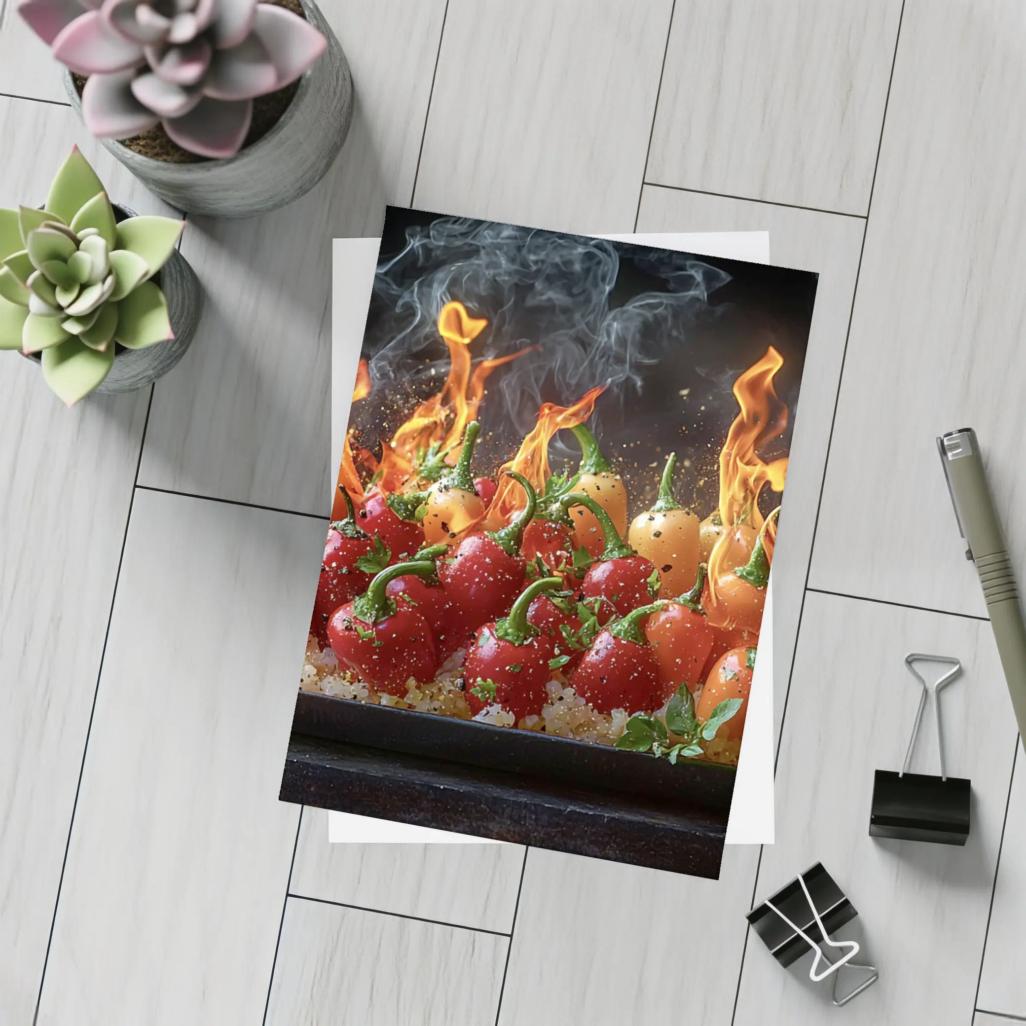 Flaming Red Peppers On Dark Background – Postcards