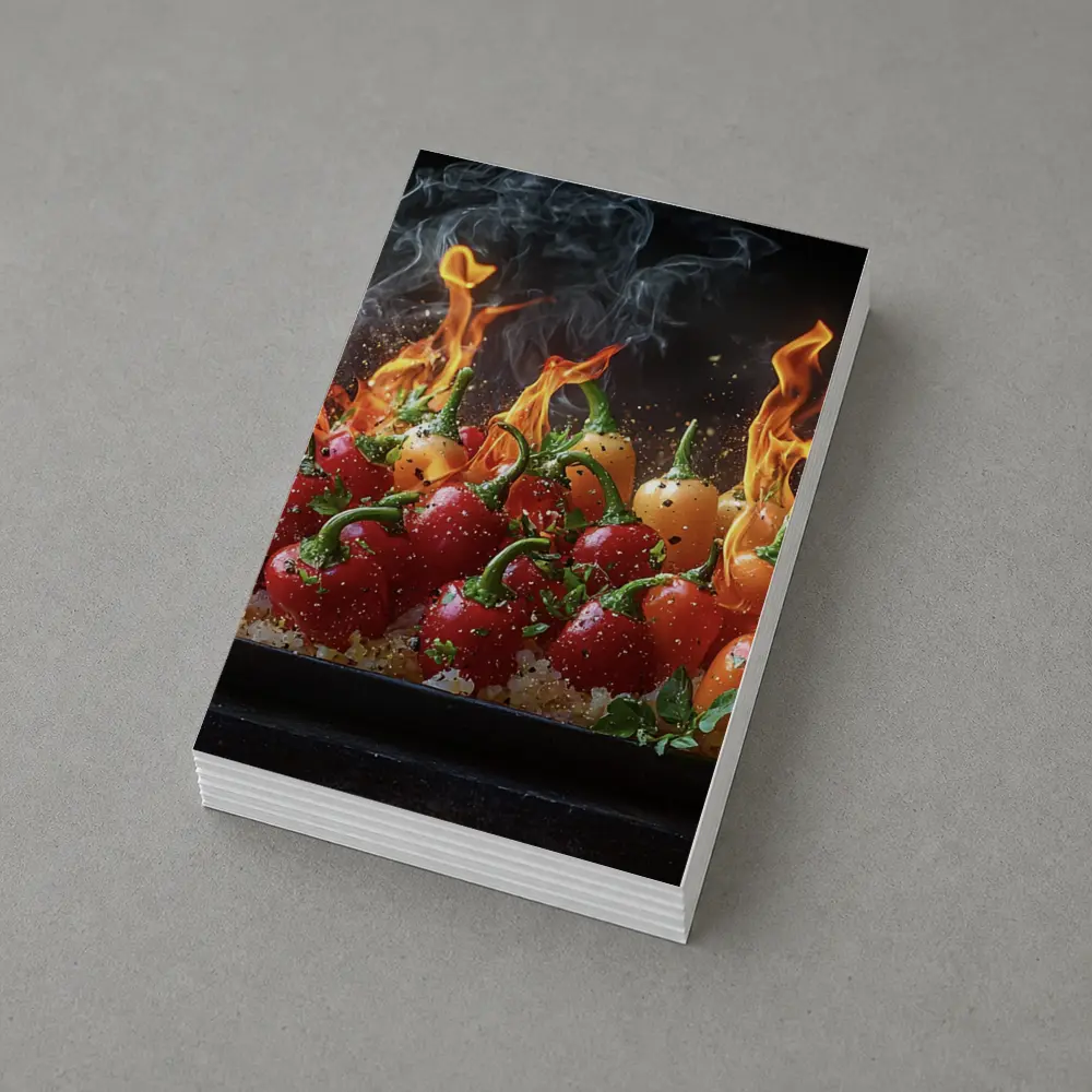 Flaming Red Peppers On Dark Background – Postcards