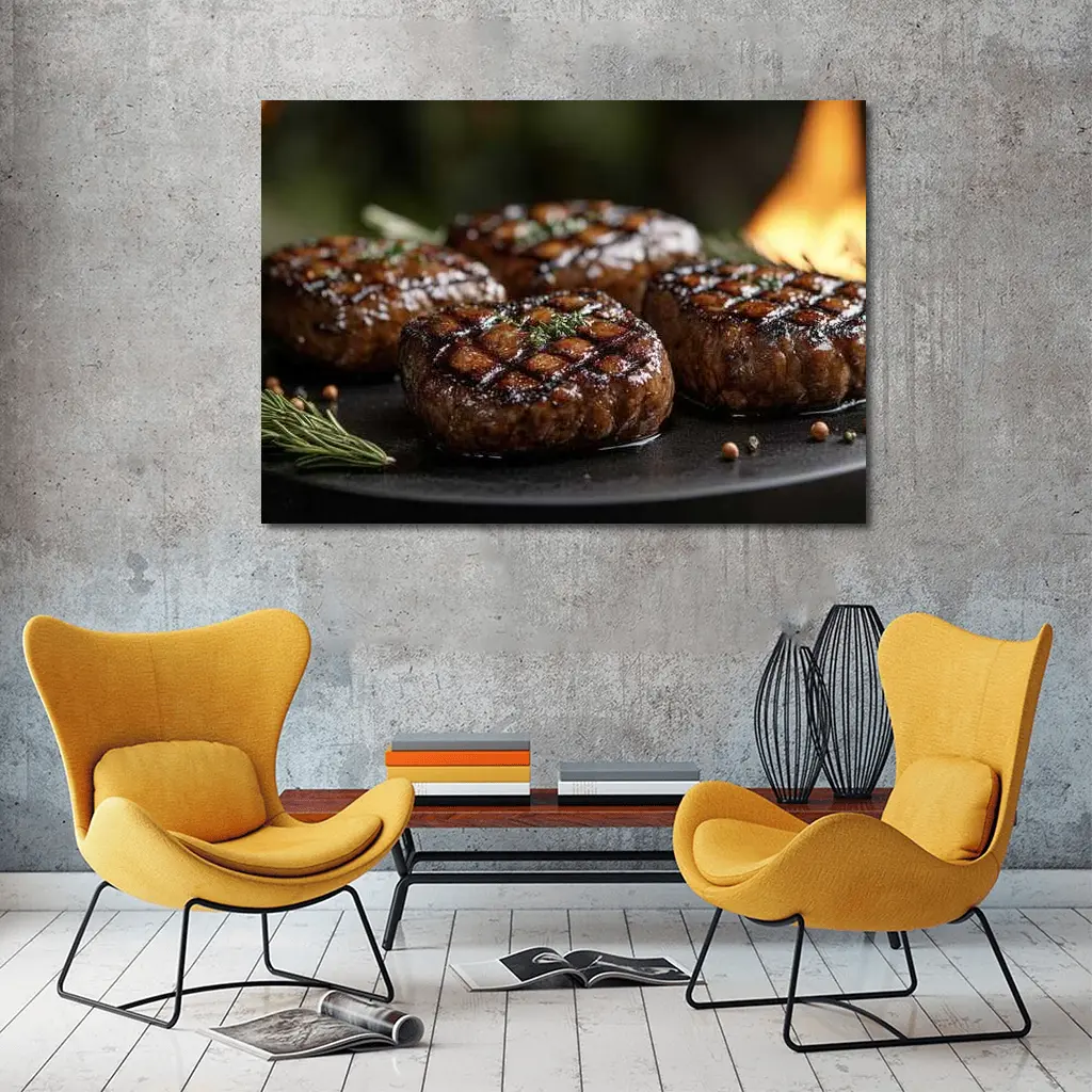 Grilled Burger Patties Open Flame Dark Background – Wall Art