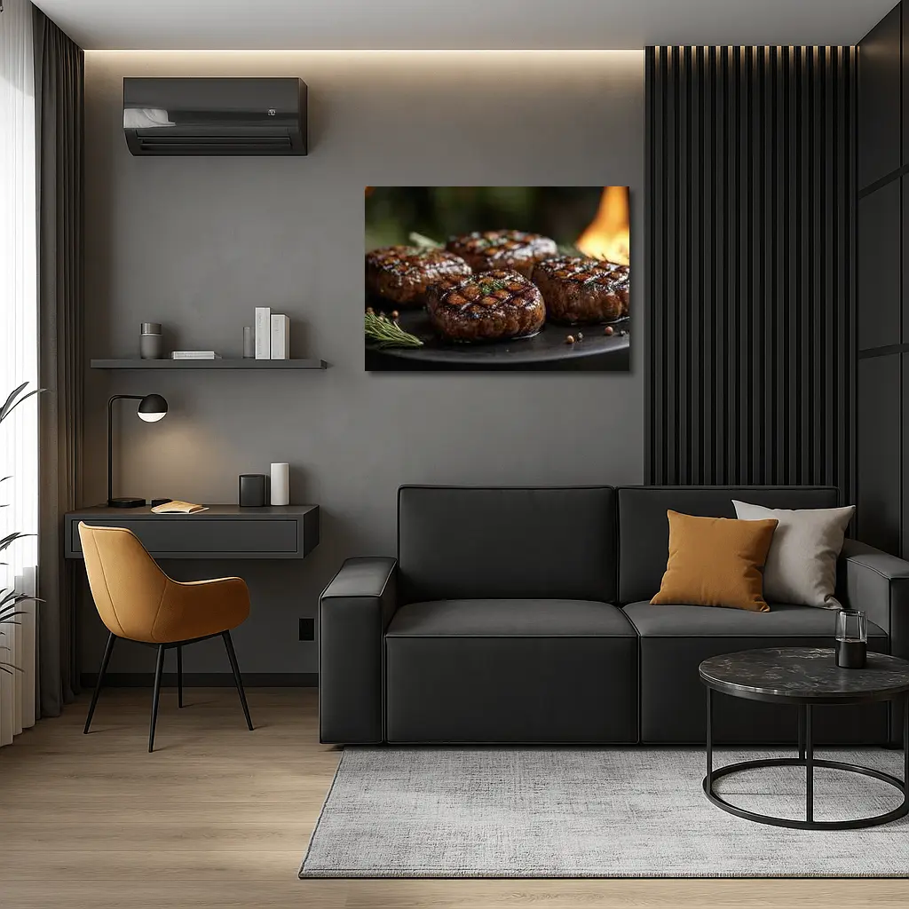 Grilled Burger Patties Open Flame Dark Background – Wall Art