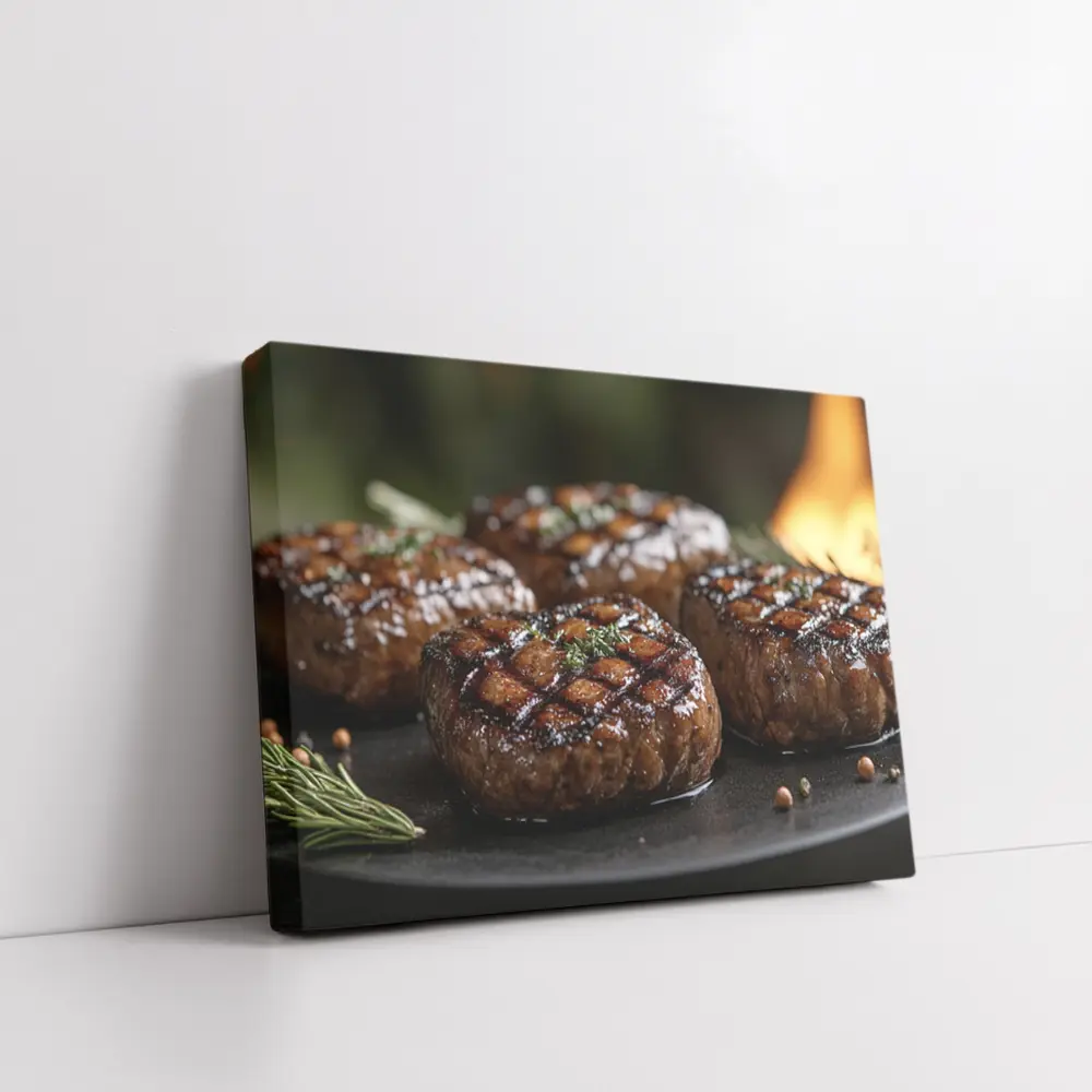 Grilled Burger Patties Open Flame Dark Background – Wall Art