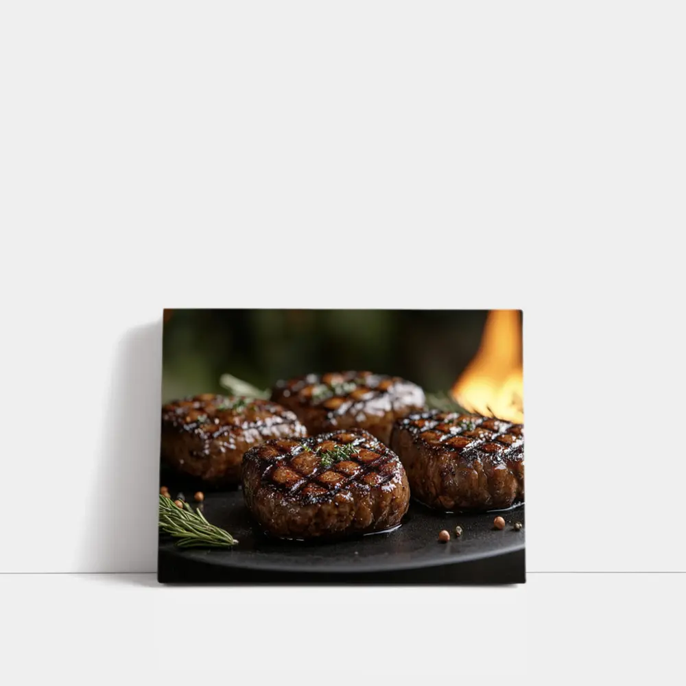 Grilled Burger Patties Open Flame Dark Background – Wall Art