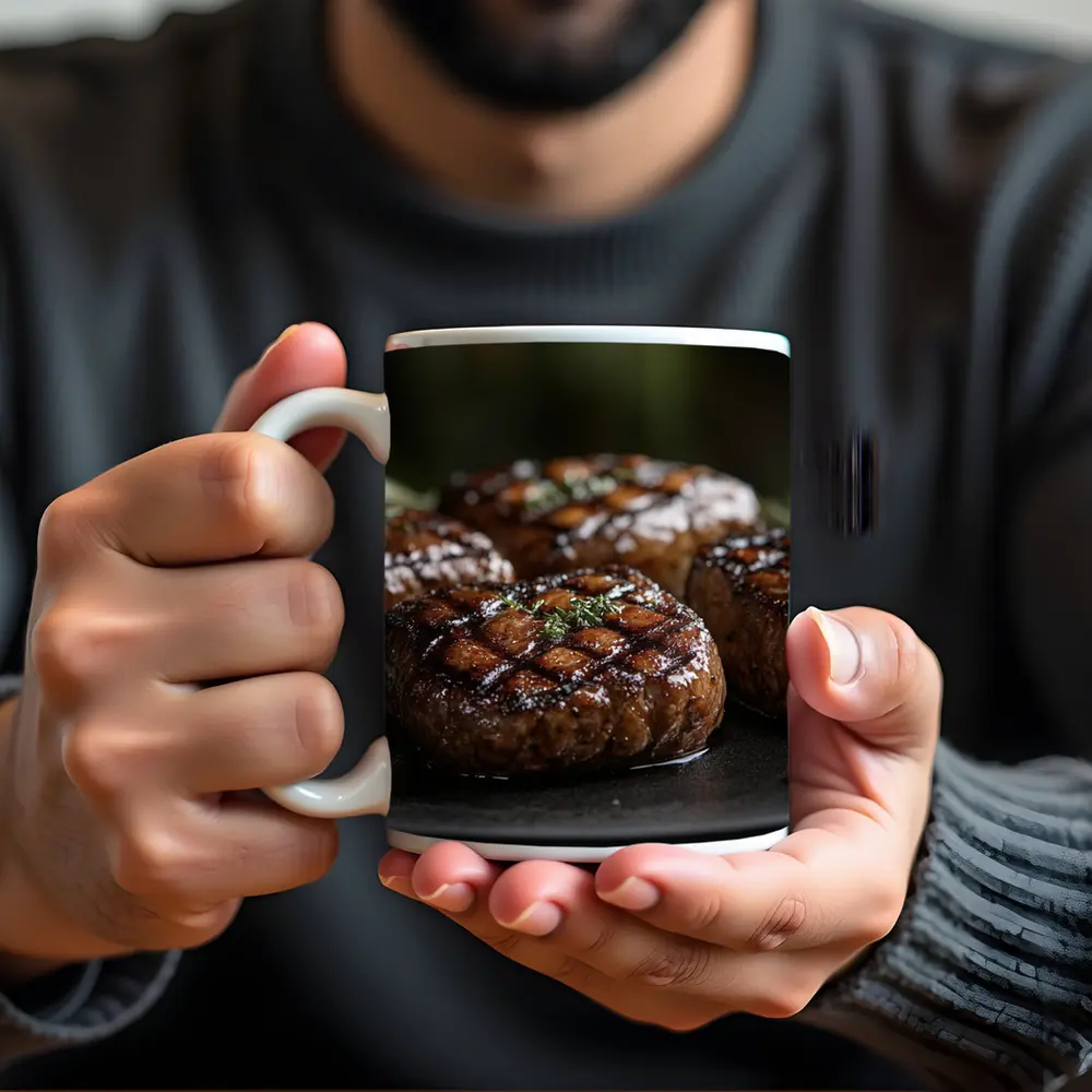 Grilled Burger Patties Open Flame Dark Background – Mugs