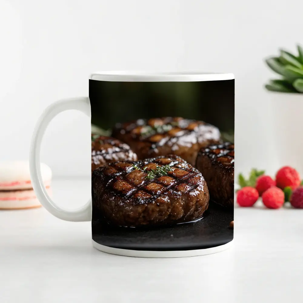 Grilled Burger Patties Open Flame Dark Background – Mugs