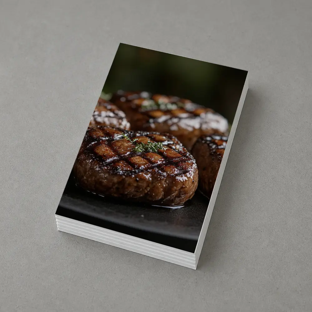Grilled Burger Patties Open Flame Dark Background – Postcards