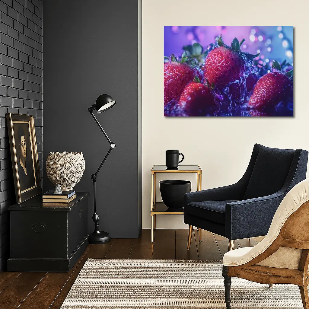 Fresh Red Strawberries Purple Bokeh Background – Wall Art