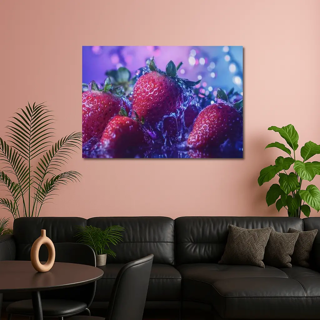 Fresh Red Strawberries Purple Bokeh Background – Wall Art