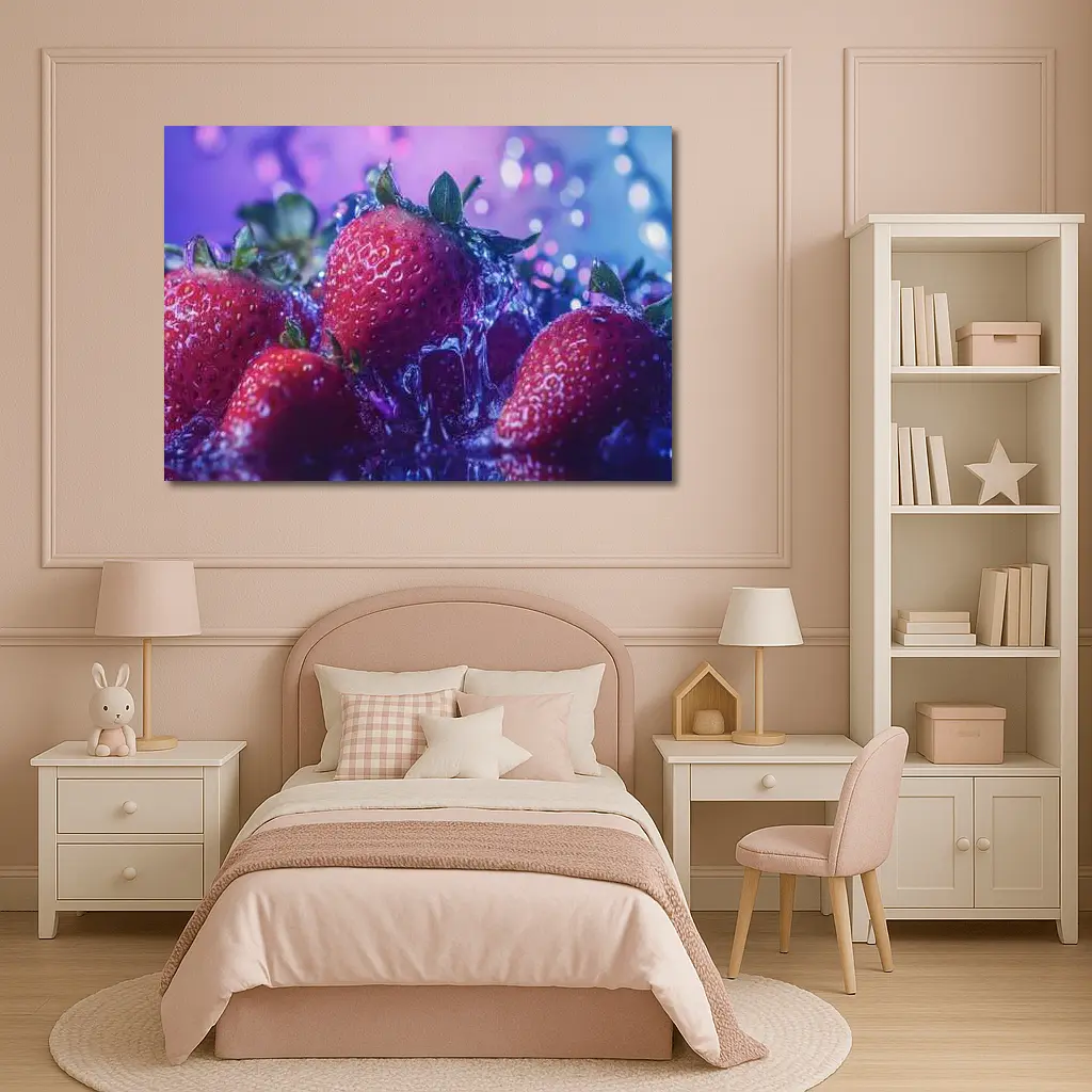 Fresh Red Strawberries Purple Bokeh Background – Wall Art