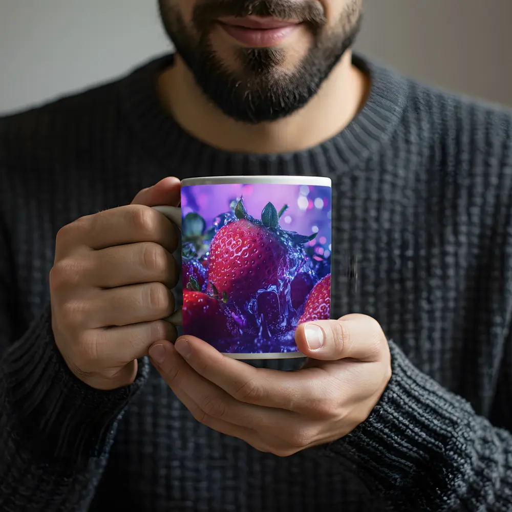 Fresh Red Strawberries Purple Bokeh Background – Mugs