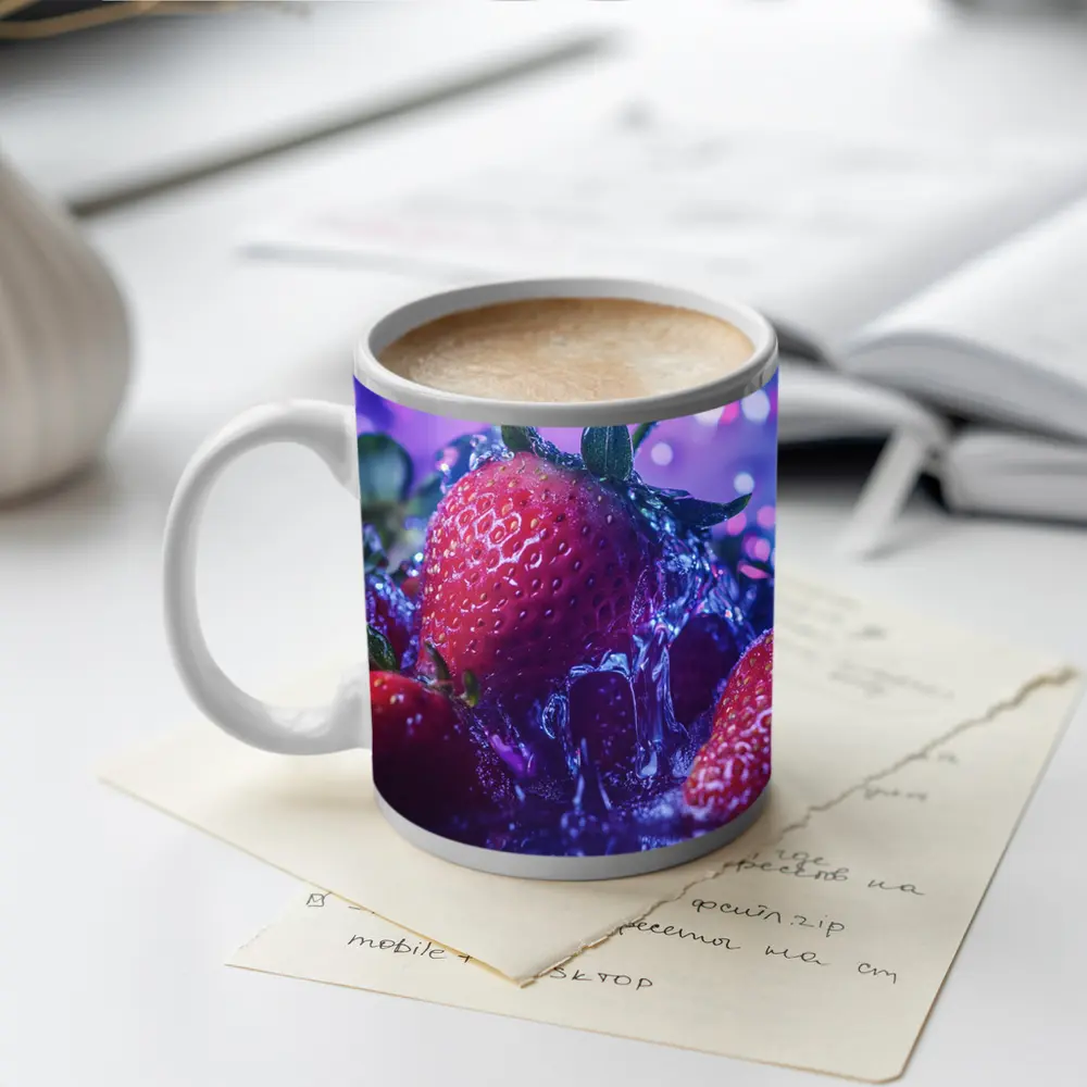 Fresh Red Strawberries Purple Bokeh Background – Mugs