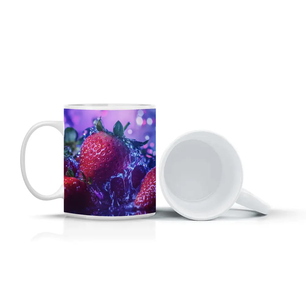 Fresh Red Strawberries Purple Bokeh Background – Mugs