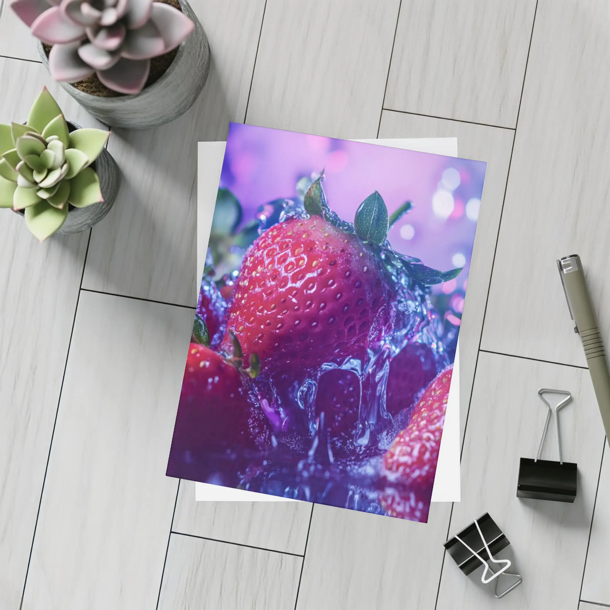 Fresh Red Strawberries Purple Bokeh Background – Postcards