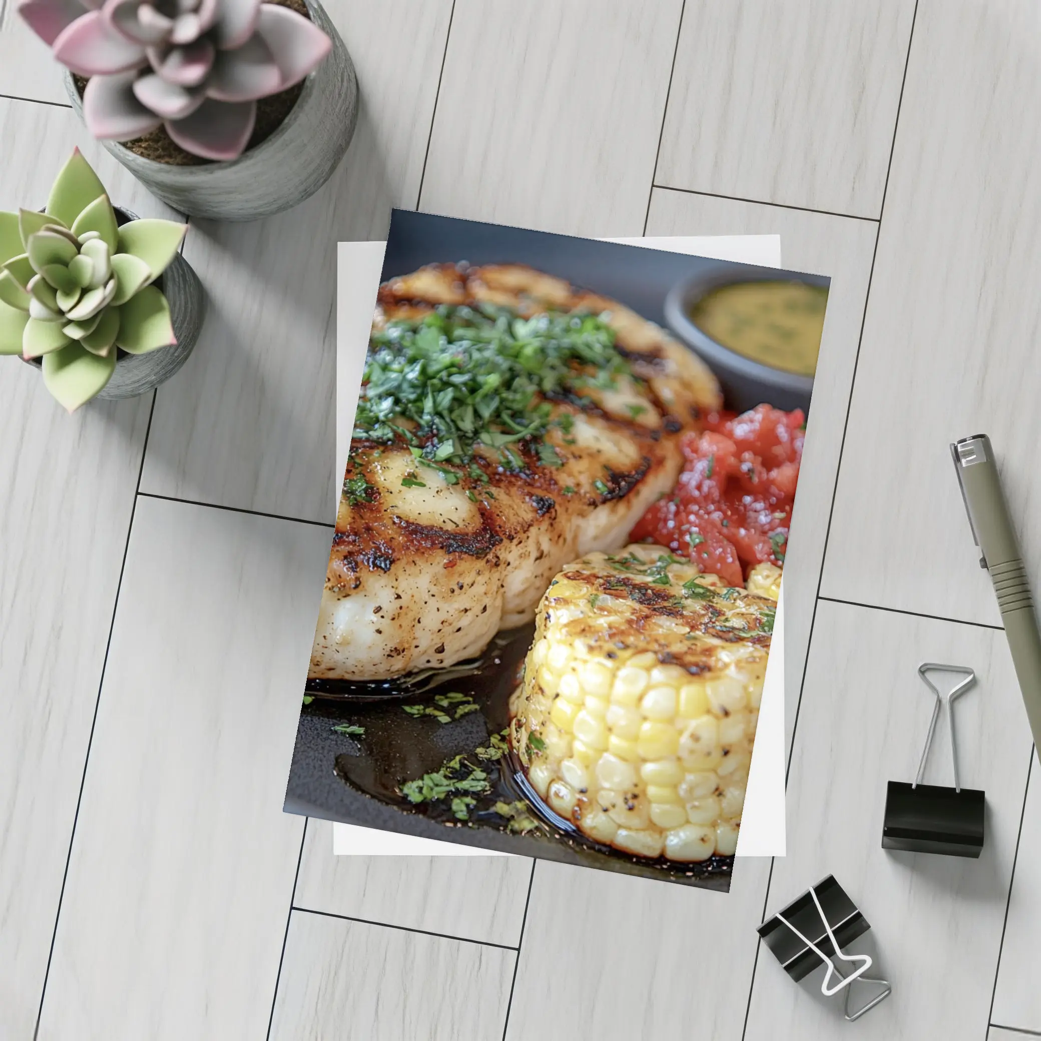 Grilled Fish Corn Tomato Salsa Dark Plate – Postcards