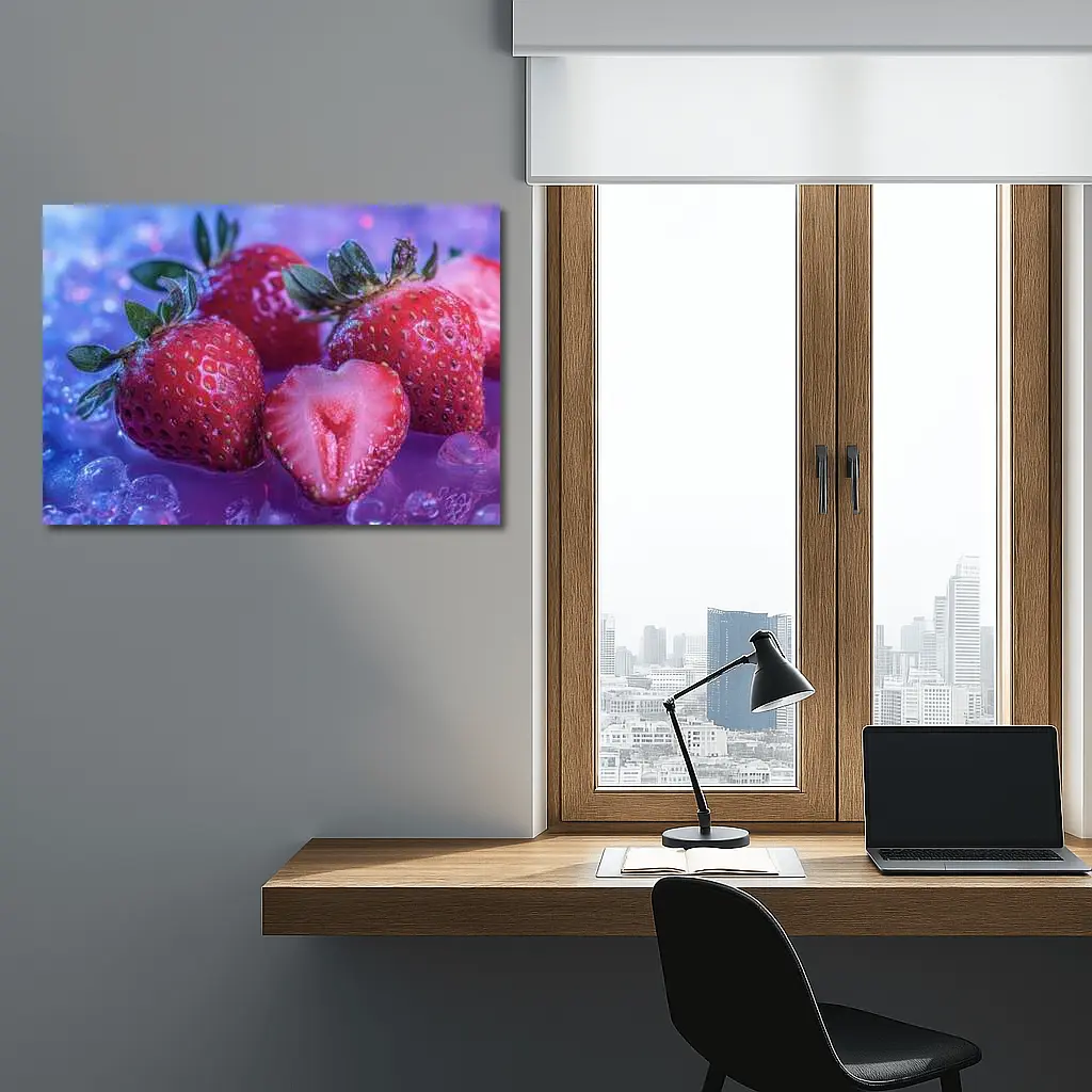Fresh Strawberries on Blue Purple Background – Wall Art
