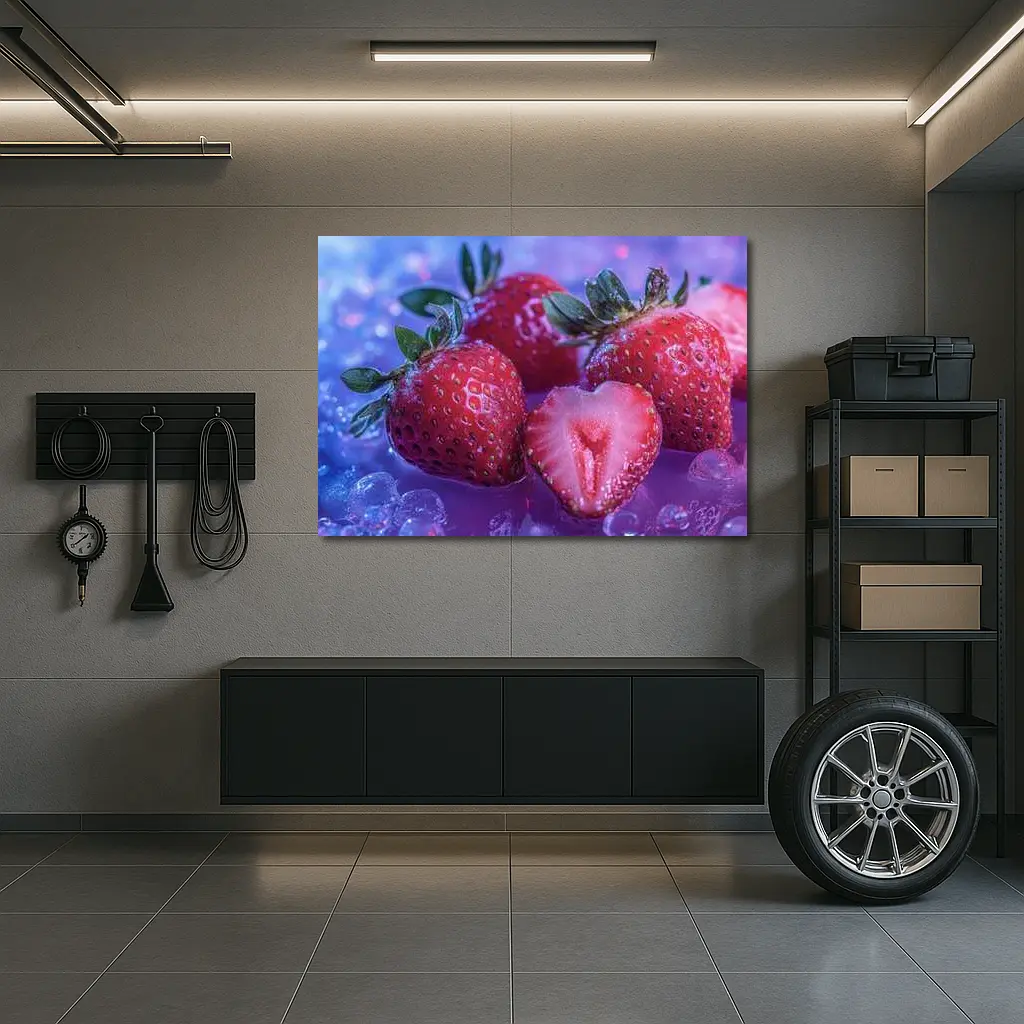 Fresh Strawberries on Blue Purple Background – Wall Art