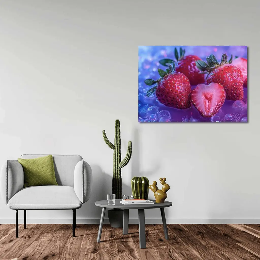 Fresh Strawberries on Blue Purple Background – Wall Art