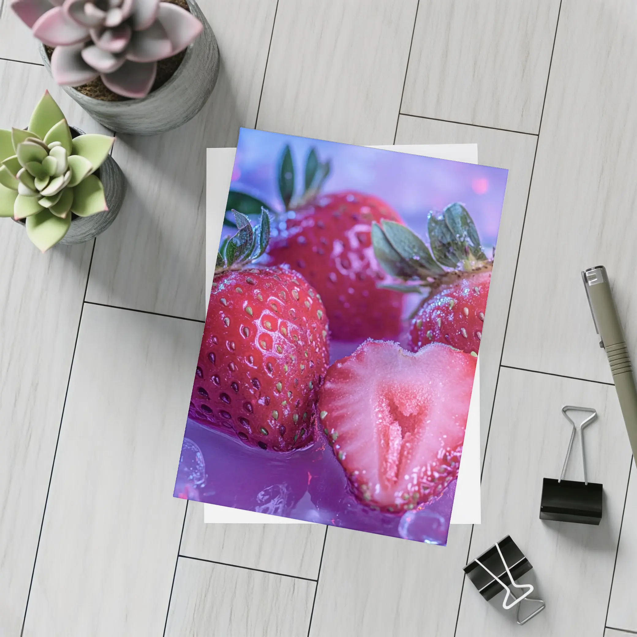 Fresh Strawberries on Blue Purple Background – Postcards