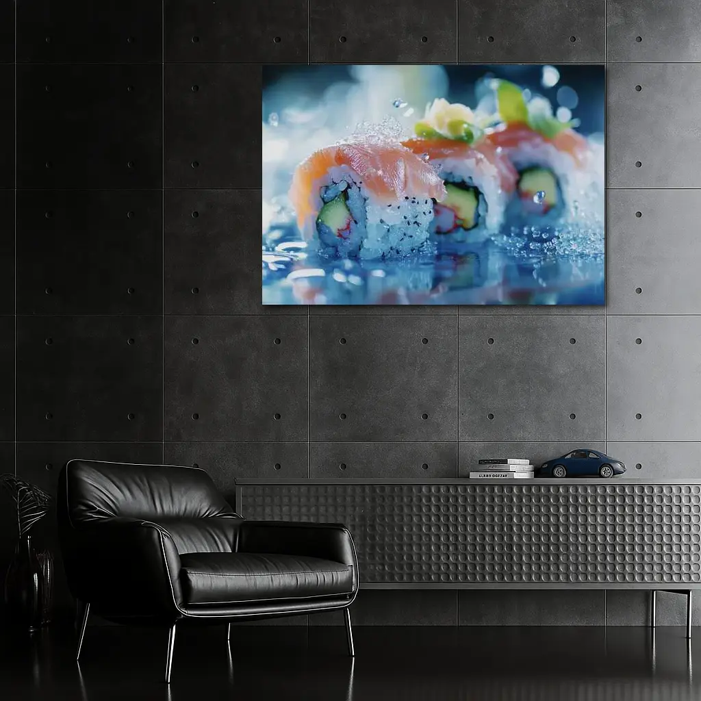 Salmon Sushi Rolls Blue Water Splash – Wall Art