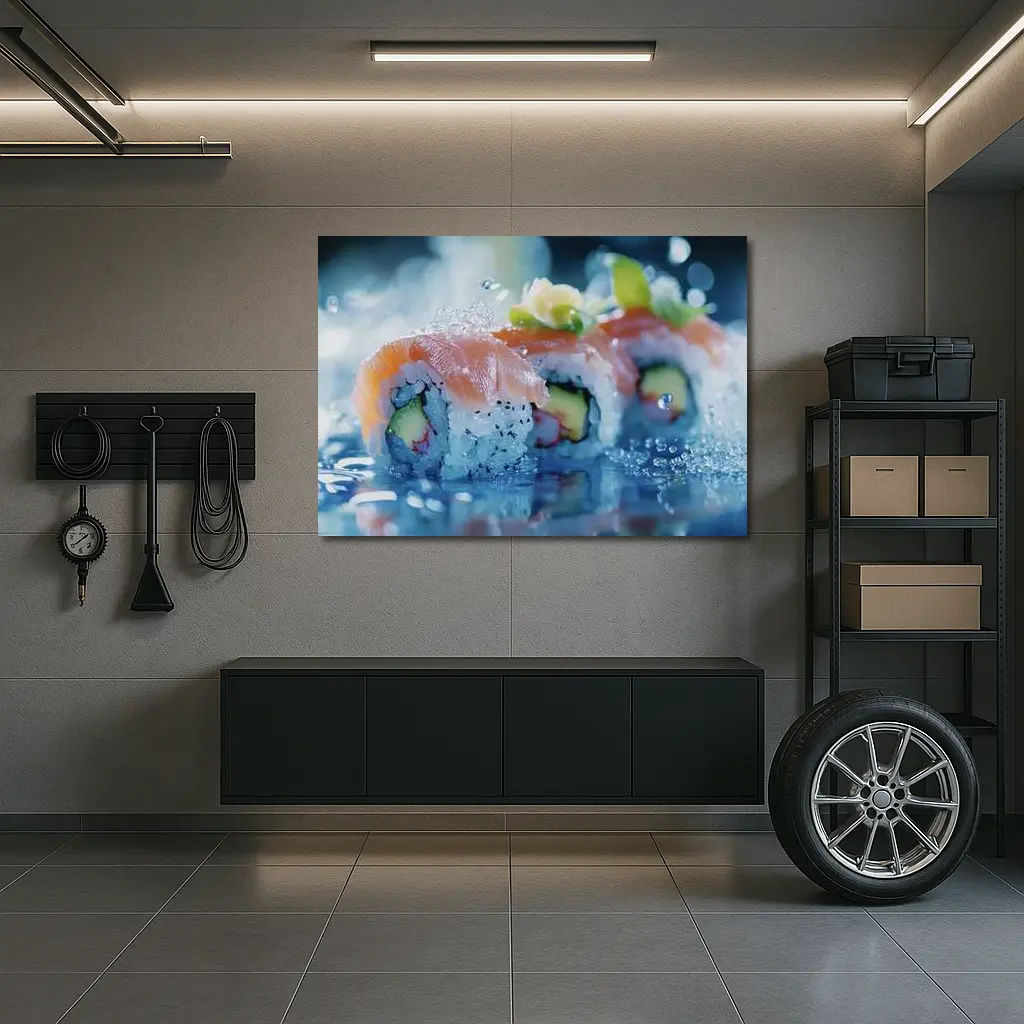 Salmon Sushi Rolls Blue Water Splash – Wall Art