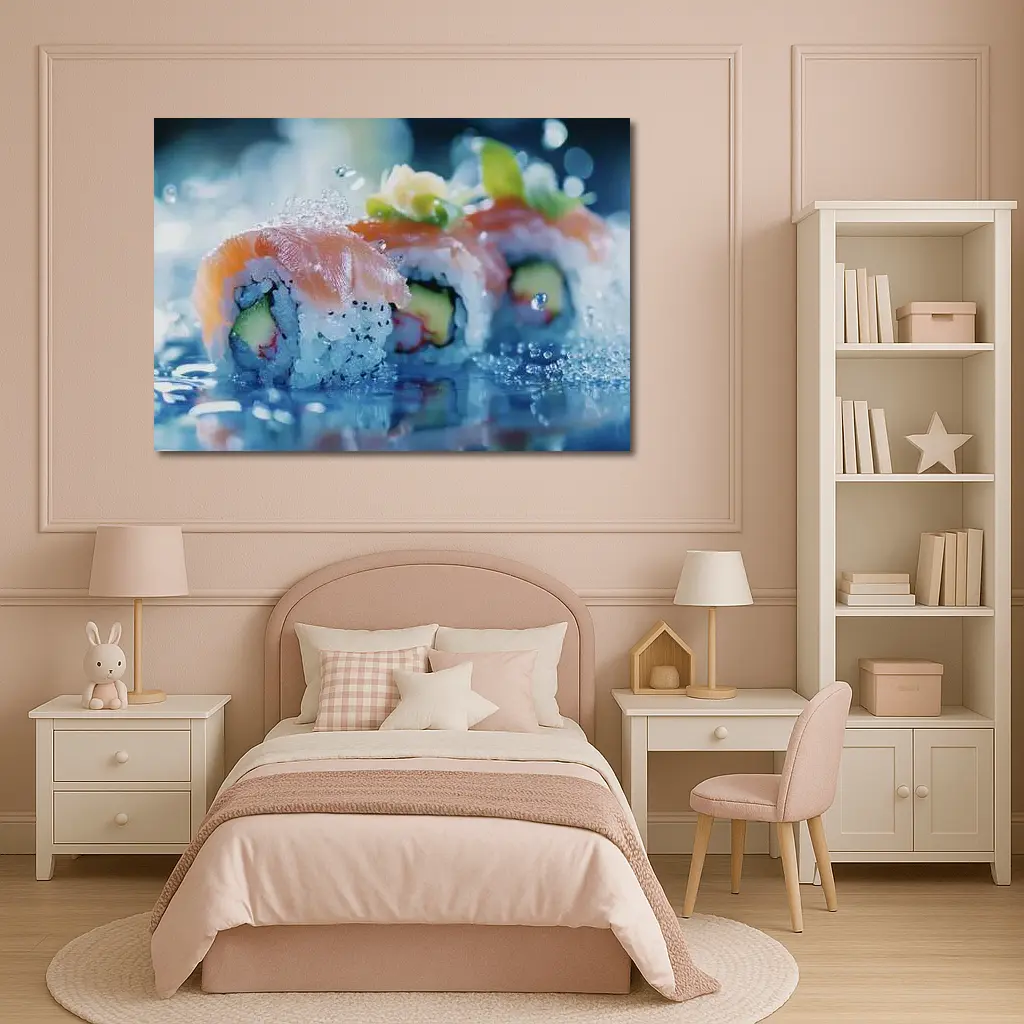 Salmon Sushi Rolls Blue Water Splash – Wall Art