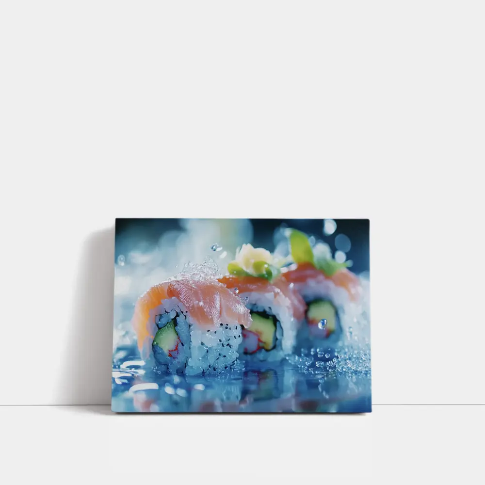 Salmon Sushi Rolls Blue Water Splash – Wall Art