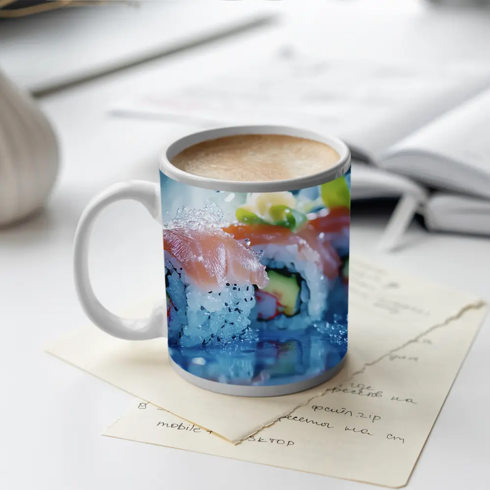 Salmon Sushi Rolls Blue Water Splash – Mugs